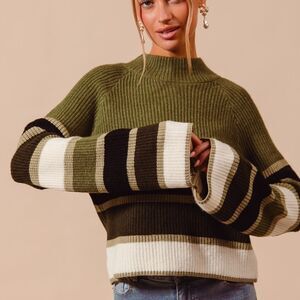 SO ME Multi Color Striped Mock Neck Sweater Olive Green Striped Women's Sweater